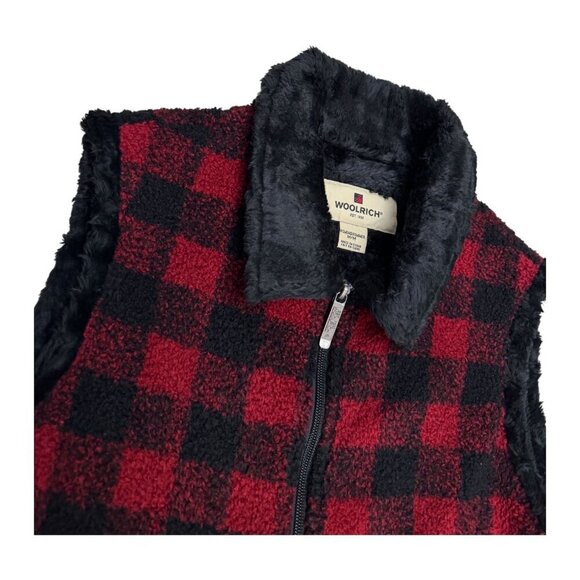 WOOLRICH Vintage Y2K Plaid Red Faux Fur Designer Outdoor Vest Womens Medium - Picture 3 of 7